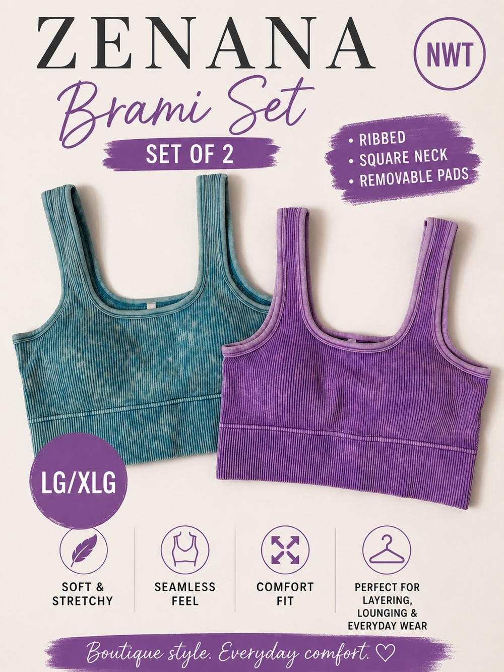 Zenana Brami Set of 2 | LG/XLG | Ribbed Square Neck Bralette Crop Tops | NWOT